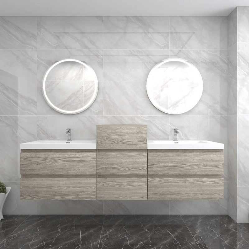 Bow 68" Wall Mounted Bathroom Vanity with Reinforced Acrylic Integrated Sink Top and Center Linen Cabinet