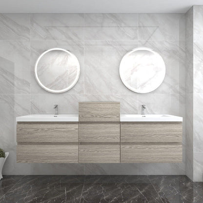 Bow 68" Wall Mounted Bathroom Vanity with Reinforced Acrylic Integrated Sink Top and Center Linen Cabinet