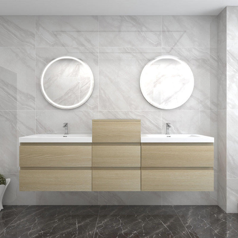 Bow 68" Wall Mounted Bathroom Vanity with Reinforced Acrylic Integrated Sink Top and Center Linen Cabinet
