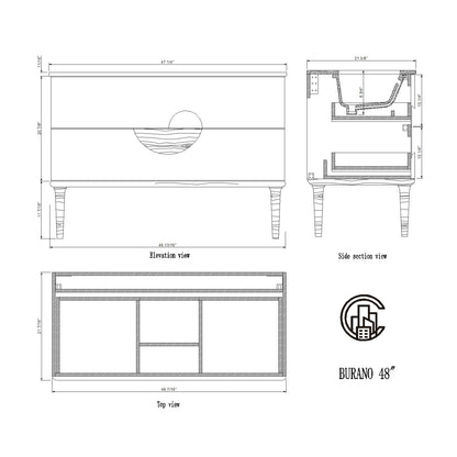 Burano 48" Freestanding Bathroom Vanity with Dark Grey Quartz Top and Ceramic Undermount Sink