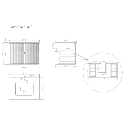 Barcelona 30" Wall Mounted Bathroom Vanity with White Sintered Stone Top and Ceramic Undermount Sink