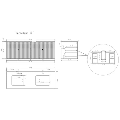Barcelona 60" Wall Mounted Bathroom Vanity with White Sintered Stone Top and Ceramic Undermount Sinks
