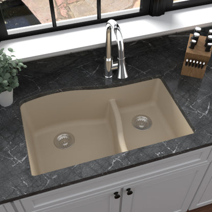 Lithoscape 32" Quartz Composite Undermount Double Basin Kitchen Sink