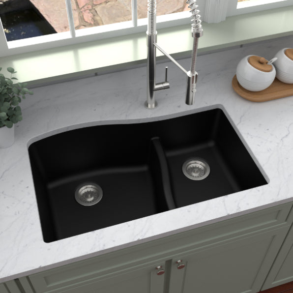 Lithoscape 32" Quartz Composite Undermount Double Basin Kitchen Sink