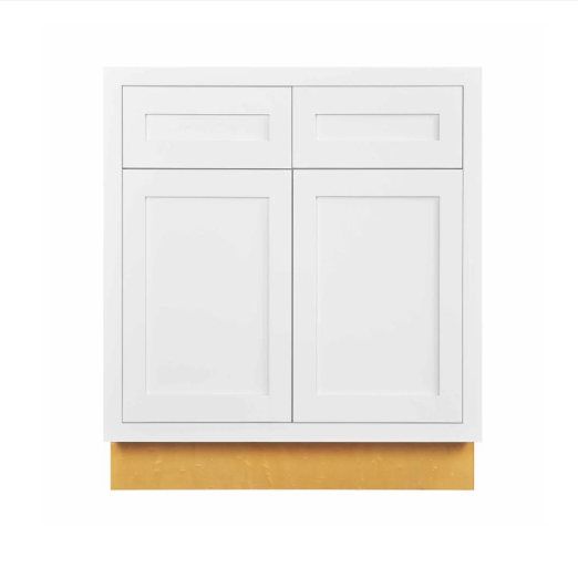 RTA 30"W Kitchen Base Cabinet with Double Doors and Double Drawers in Snow White Inset Shaker