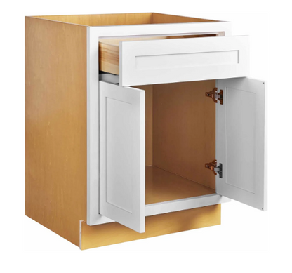 RTA 30"W Kitchen Base Cabinet with Double Doors and Double Drawers in Snow White Inset Shaker