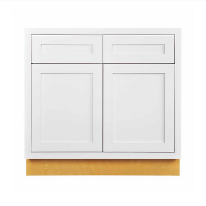 RTA 33"W Kitchen Base Cabinet with Double Doors and Double Drawers in Snow White Inset Shaker