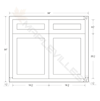 RTA 36"W Kitchen Base Cabinet with Double Doors and Double Drawers in Snow White Inset Shaker