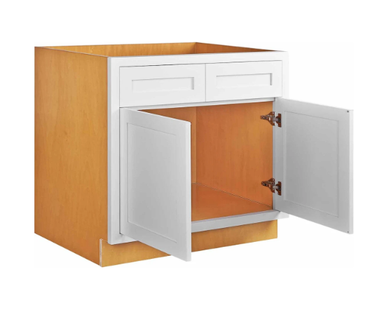 RTA 36"W Kitchen Base Cabinet with Double Doors and Double Drawers in Snow White Inset Shaker