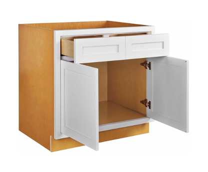 RTA 36"W Kitchen Base Cabinet with Double Doors and Double Drawers in Snow White Inset Shaker