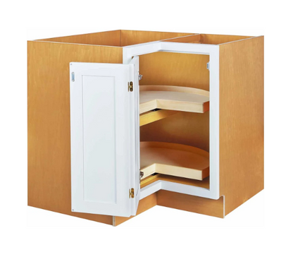 RTA 36"W Kitchen Base Corner Lazy Susan Cabinet with Bi-Folding Doors and Double Rotating Shelves in Snow White Inset Shaker