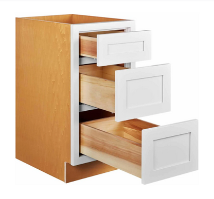 RTA 12"W Kitchen Three Drawer Base Cabinet in Snow White Inset Shaker