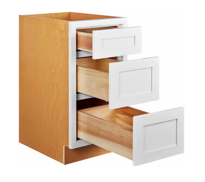 RTA 15"W Kitchen Three Drawer Base Cabinet in Snow White Inset Shaker