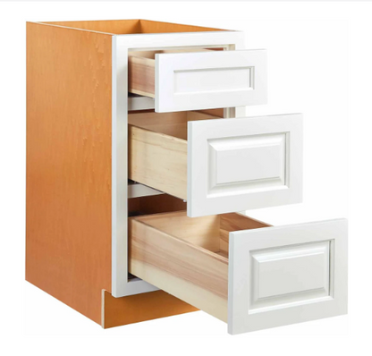 RTA 18"W Kitchen Three Drawer Base Cabinet in Snow White Inset Shaker
