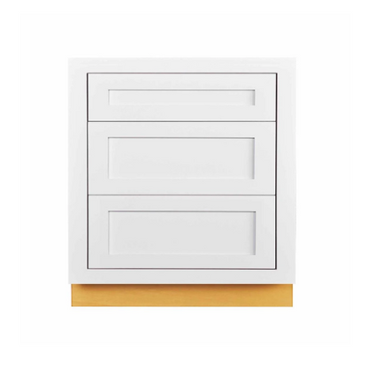 RTA 27"W Kitchen Three Drawer Base Cabinet in Snow White Inset Shaker