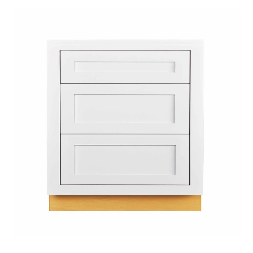 RTA 27"W Kitchen Three Drawer Base Cabinet in Snow White Inset Shaker