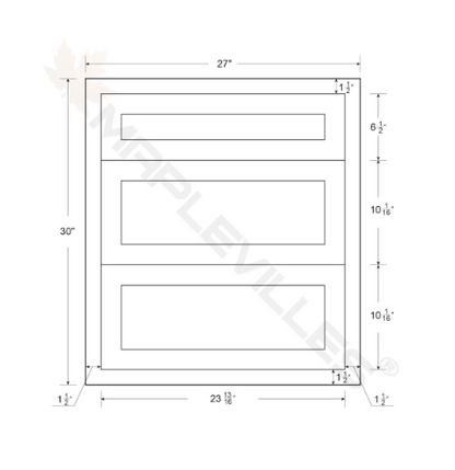 RTA 27"W Kitchen Three Drawer Base Cabinet in Snow White Inset Shaker