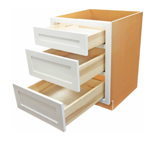 RTA 27"W Kitchen Three Drawer Base Cabinet in Snow White Inset Shaker