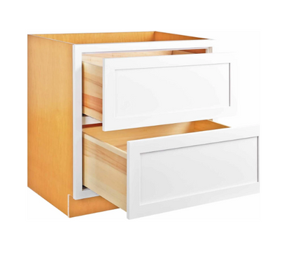 RTA 36"W Kitchen Two Drawer Base Cabinet in Snow White Inset Shaker