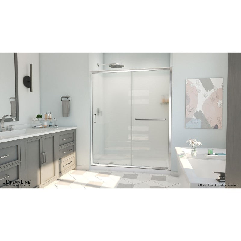 Infinity-Z Semi-Frameless Single Sliding Shower Door Kit with Subway Style Wall and White Shower Base Pan and Left Drain