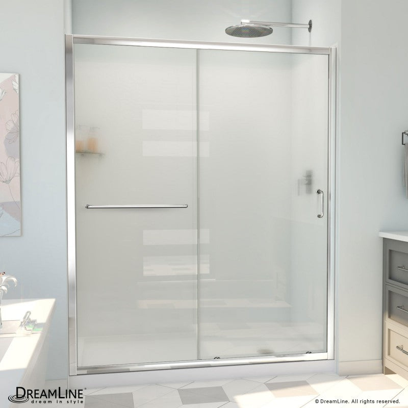 Infinity-Z Semi-Frameless Single Sliding Shower Door Kit with Subway Style Wall and White Shower Base Pan and Right Drain