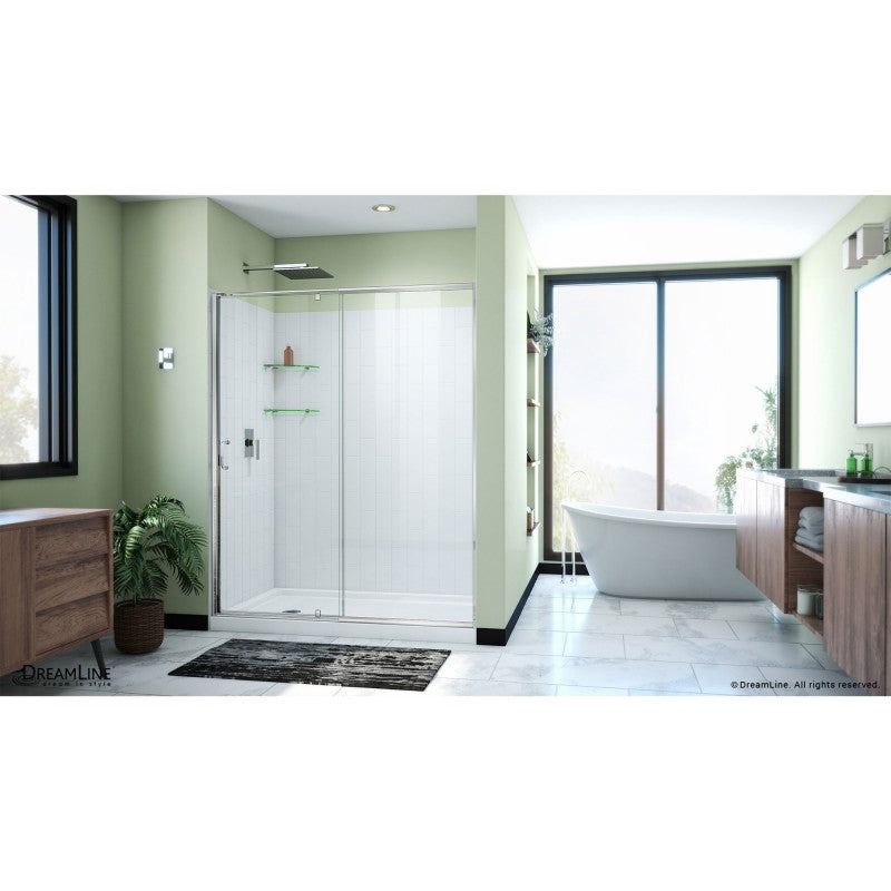 Flex Semi-Frameless Pivot Shower Door Kit with Subway Style Wall and White Shower Base Pan and Left Drain