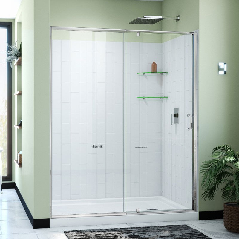 Flex Semi-Frameless Pivot Shower Door Kit with Subway Style Wall and White Shower Base Pan and Right Drain