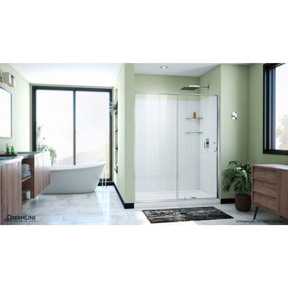 Flex Semi-Frameless Pivot Shower Door Kit with Subway Style Wall and White Shower Base Pan and Right Drain