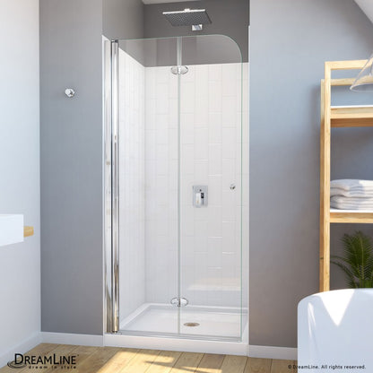 Aqua Frameless Bi-Fold Shower Door Kit with Subway Style Wall and Shower Base Pan