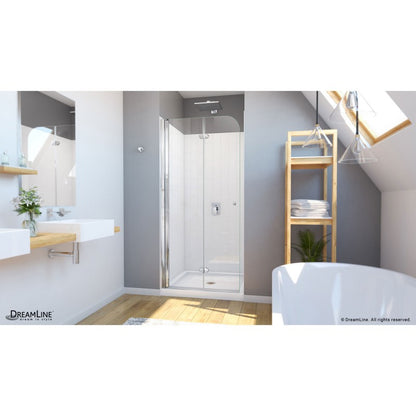 Aqua Frameless Bi-Fold Shower Door Kit with Subway Style Wall and Shower Base Pan
