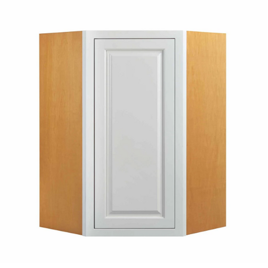 RTA 27"W x 30"H Kitchen Wall Diagonal Corner Cabinet with Single Door and Two Shelves in Vintage White Inset Raised Panel