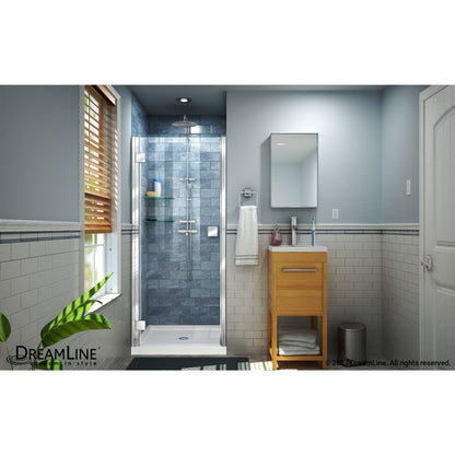 Lumen Semi-Frameless Hinged Shower Door Kit with White Shower Base Pan and Center Drain