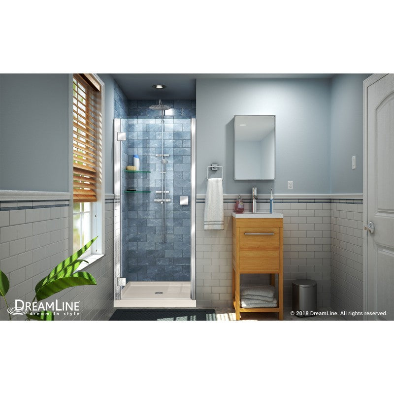 Lumen Semi-Frameless Hinged Shower Door Kit with Biscuit Shower Base Pan and Center Drain