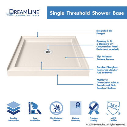 Lumen Semi-Frameless Hinged Shower Door Kit with Biscuit Shower Base Pan and Center Drain