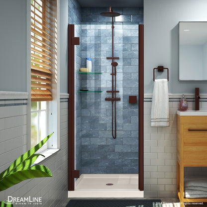 Lumen Semi-Frameless Hinged Shower Door Kit with Biscuit Shower Base Pan and Center Drain