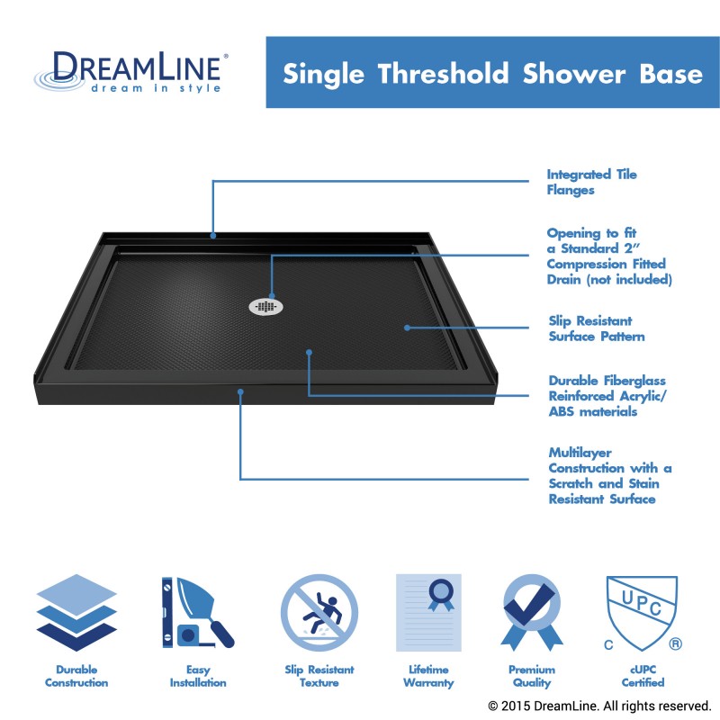 Lumen Semi-Frameless Hinged Shower Door Kit with Black Shower Base Pan and Center Drain