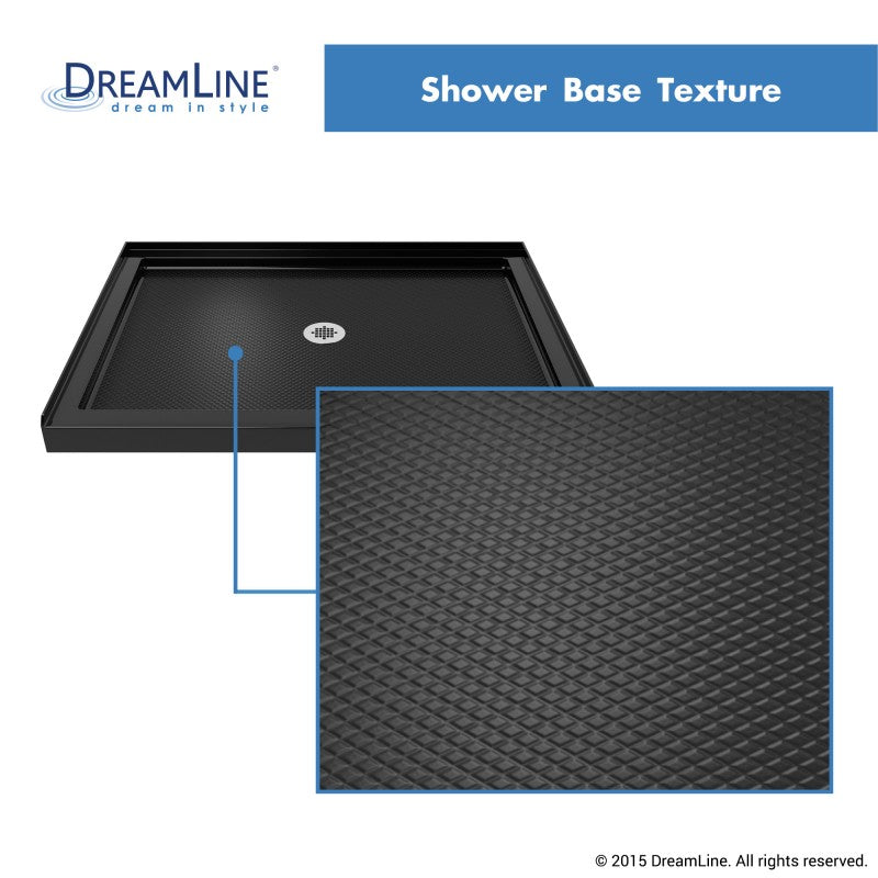 Lumen Semi-Frameless Hinged Shower Door Kit with Black Shower Base Pan and Center Drain