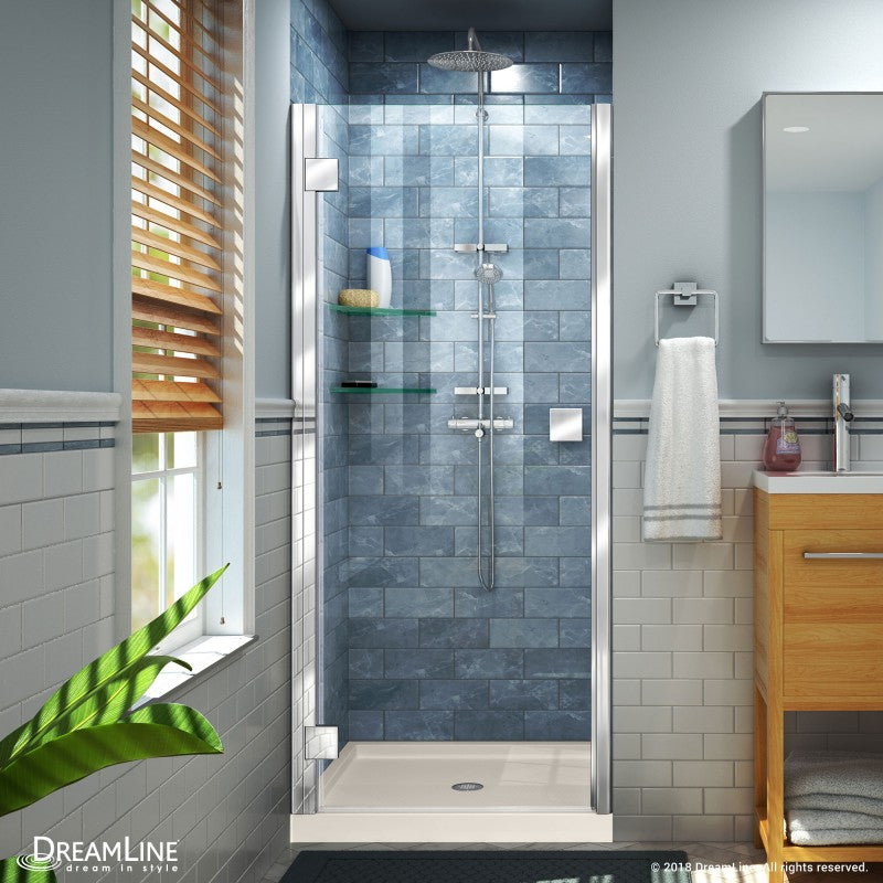 Lumen Semi-Frameless Hinged Shower Door Kit with Biscuit Shower Base Pan and Center Drain