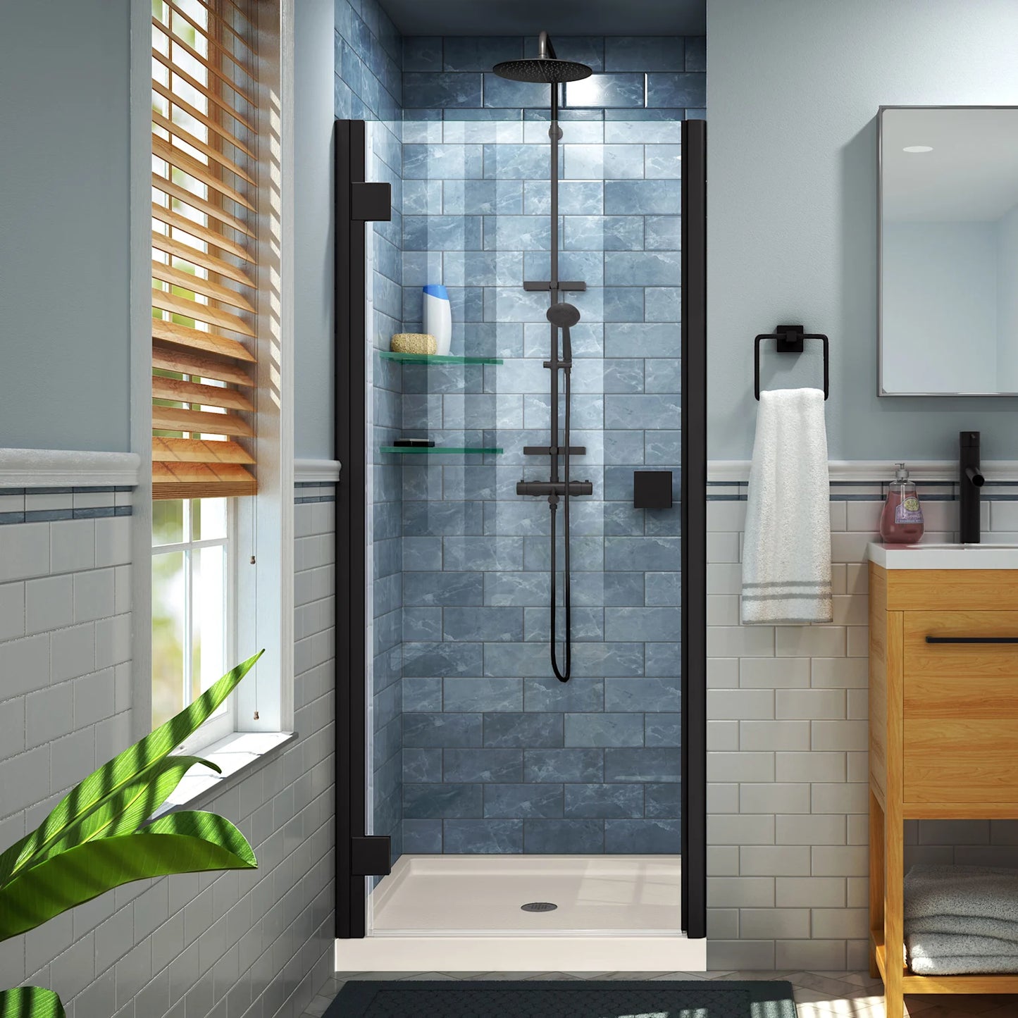 Lumen Semi-Frameless Hinged Shower Door Kit with Biscuit Shower Base Pan and Center Drain