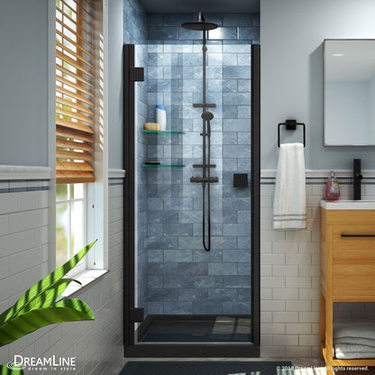 Lumen Semi-Frameless Hinged Shower Door Kit with Black Shower Base Pan and Center Drain
