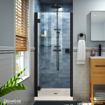 Lumen Semi-Frameless Hinged Shower Door Kit with Biscuit Shower Base Pan and Center Drain