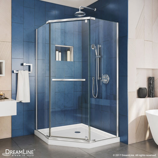 Prism Frameless Neo-Angle Pivot Shower Door for Corner Enclosure Kit with White Shower Base Pan and Corner Drain