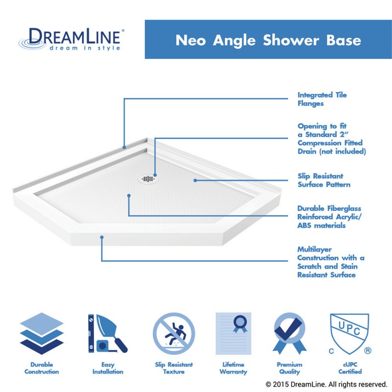 Prism Frameless Neo-Angle Pivot Shower Door for Corner Enclosure Kit with White Shower Base Pan and Corner Drain