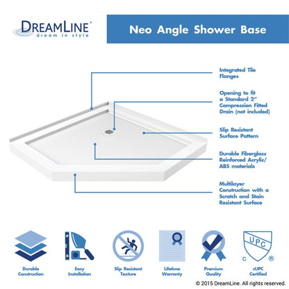 Prism Frameless Neo-Angle Pivot Shower Door for Corner Enclosure Kit with White Shower Base Pan and Corner Drain