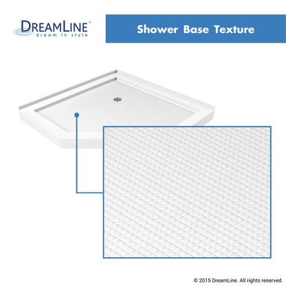 Prism Frameless Neo-Angle Pivot Shower Door for Corner Enclosure Kit with White Shower Base Pan and Corner Drain