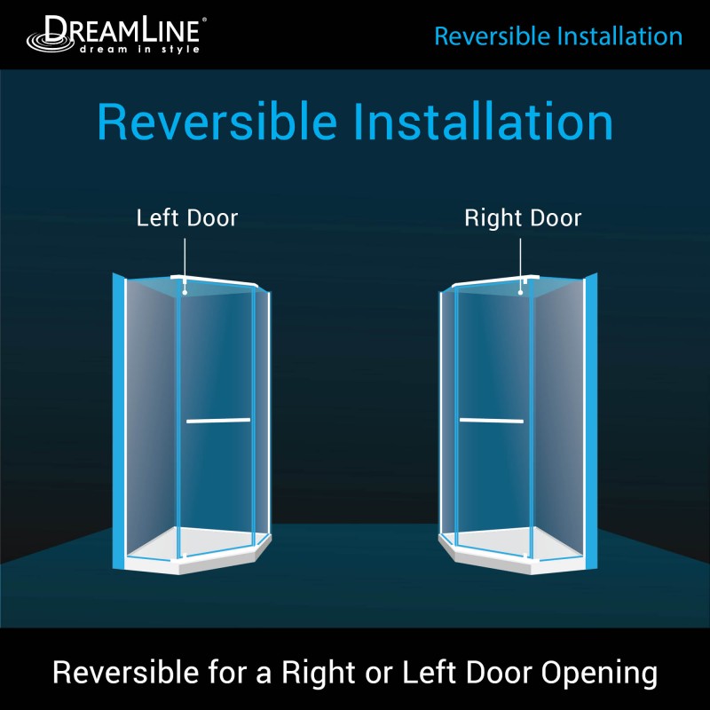Prism Frameless Neo-Angle Pivot Shower Door for Corner Enclosure Kit with White Shower Base Pan and Corner Drain