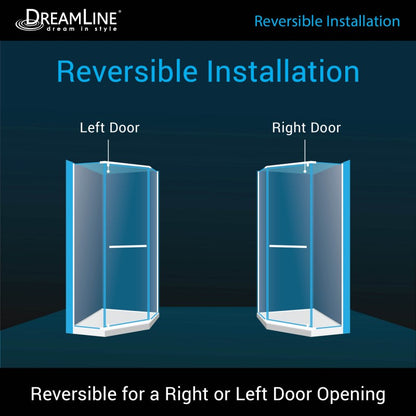 Prism Frameless Neo-Angle Pivot Shower Door for Corner Enclosure Kit with White Shower Base Pan and Corner Drain
