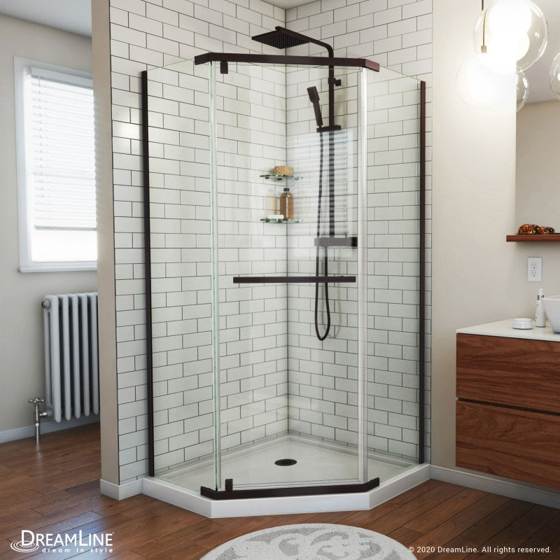 Prism Frameless Neo-Angle Pivot Shower Door for Corner Enclosure Kit with White Shower Base Pan and Corner Drain