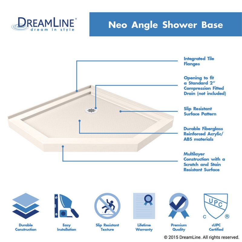 Prism Frameless Neo-Angle Pivot Shower Door for Corner Enclosure Kit with Biscuit Shower Base Pan and Corner Drain