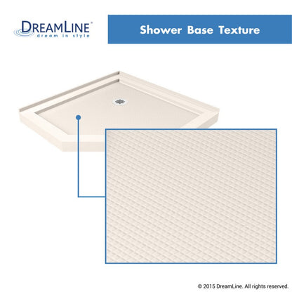 Prism Frameless Neo-Angle Pivot Shower Door for Corner Enclosure Kit with Biscuit Shower Base Pan and Corner Drain